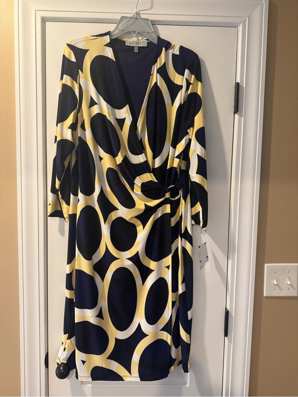 Kasper Yellow, Navy & White Geo Wrap Dress with Ring Accent